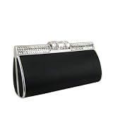Black Satin Metal Clutch Jeweled Lock Minaudere with Swarovski Crystals Silver Frame