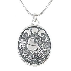 Oval Raven and Night Sky Pendant in Sterling Silver on a 24" Rhodium and Sterling Snake Chain, #8518