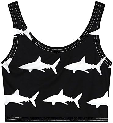 Fashion Empire Women's Cotton Sleeveless Shark Printed Crop Top (M, Black)