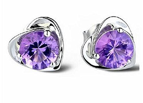 YH Women's Sterling Silver Heart Shape Stud Erarings Purple One Size