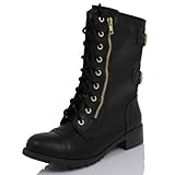 Women's Black Combat Gold Zipper Riding Mid-Calf Boots Soda Dome Blk/Gold 8