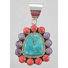 Santa Fe Style Sterling Silver Pendant with Turquoise, Charoite and Spiny Oyster, #10507 by 