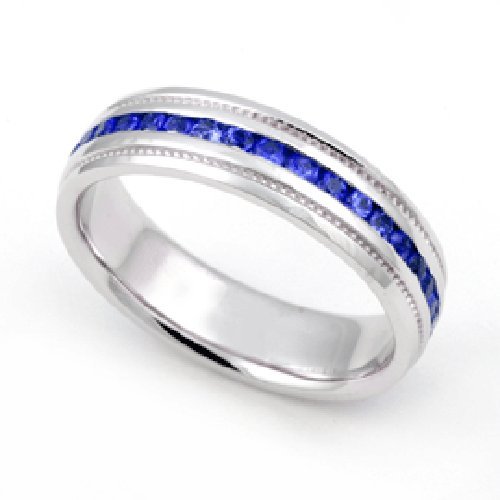 14k White Gold Channel set Blue Sapphire Eternity Milgrain Band Ring