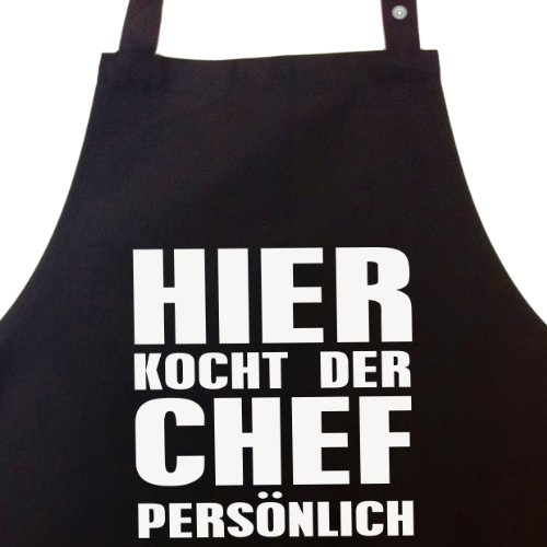 HIER KOCHT DER CHEF PERSÖNLICH - Kochschürze, Latzschürze mit verstellbarem Nackenband und Seitentasche - Die Geschenkidee!