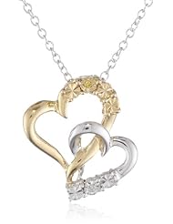 18k Gold Plated Sterling Silver Yellow and White Diamond Accent Double Heart Pendant Necklace, 18"