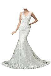 Sexy V-neck Sheer Lace Beaded Satin Natural   Waistline Mermaid Wedding Dress 