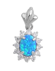 Sterling Silver Oval Blue Opal & Cz Pendant