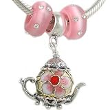 Cloisonne Enamel Flower TEAPOT CHARM with 2 CAT'S EYE BEADS for Pandora or Biagi Bracelet GIFT BO