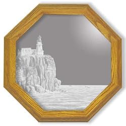 Decorative Etched Mirror - Lighthouse Art Etching, Octagon Solid Oak Framed Wall Mirror, 13 inches