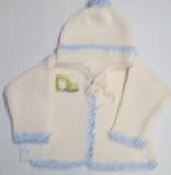 Ck601, Knitted on Hand Knitting Machine Ivory Cotton Trimmed By Hand Crochet with Blue Chenille Cardigan Hat Infant Boys with Bulldoer Appliqu�