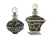 Set of Two Perfume Bottles set with Swarovski Crystals, Flowered, Hand Enameled, Pewter, Limited Edition, Glass Bottle, Manufacturer's Certificate of Authenticity, Purple, Pink, Brown, Gold, Blue, Yellow, Green, Amber