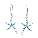 Nautical Aquatic Tropical Beach Vacation Iridescent Blue Created Opal Inlay Starfish Dangle Drop Lever back Earrings For Women .925 Sterling Silver