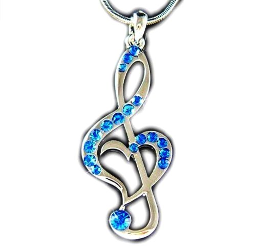 DianaL Boutique Treble G Clef Music Note Heart Pendant Necklace Blue Crystals Gift Boxed Fashion Jewelry