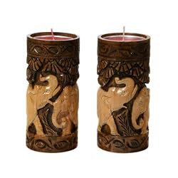 Indian Home Decor: Set of Two Handcarved Wood Tealight Candle holders