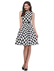 Cocktail Checkered Print Sleeveless Vintage Belted Cotton Evening Dress/Party Dress 