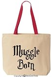 MUGGLE BORN - Funny Cotton Canvas Tote Wizard Bag - Reusable by BeeGeeTees 02284 (Red Handle)