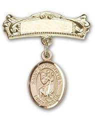 14kt Gold Baby Badge with St. Christopher Charm and Arched Polished Badge Pin