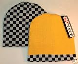 YELLOW BLACK & WHITE CHECKERED REVERSIBLE SHORT BEANIE CAP SKI CAPS TOQUE