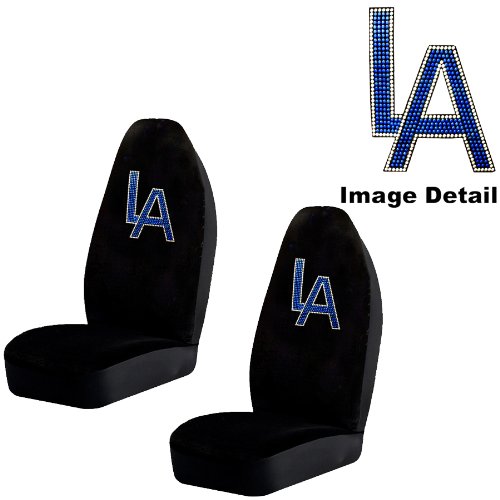 LA Sign Los Angeles Blue Gem Crystal Studded Rhinestone Bling Car Truck SUV Front Universal-Fit Bucket Seat Covers - PAIR