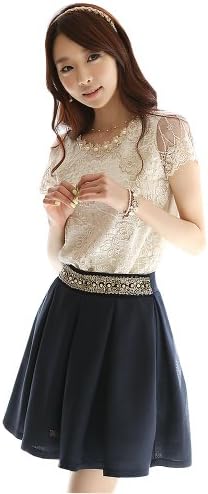 Korean Fashion Elegant Skirts Pearl Beading Blue Pleated Skirt For Women (S)