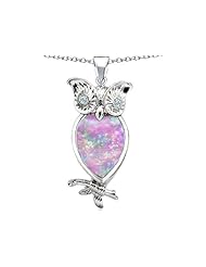 Original Star K (tm) Good Luck Owl Pendant with Pear Shape Created Pink Opal in 925 Sterling Silver