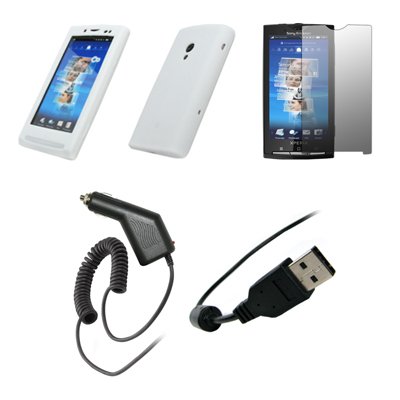 Sony Ericsson Xperia X10 - White Soft Silicone Gel Skin Cover Case + Crystal Clear Screen Protector + Rapid Car Charger + USB Data Sync Charge Cable for Sony Ericsson Xperia X10