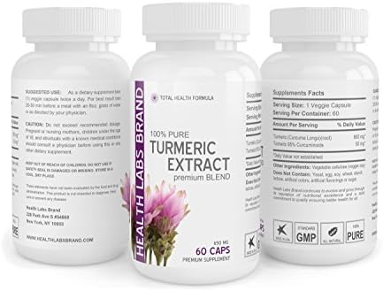 Health Labs PURE TURMERIC Extract with Curcumin - As Seen On TV - BOOST BRAIN HEALTH - Anti-Inflammatory - Antioxidant - Regulates High Blood Pressure - Pure Proven Premium Formula - Promotes CARDIOVASCULAR HEALTH - 1300 mg Daily - "Pure" POTENT Turmeric - PLUS Relieves Joint Pain - 100% LIFETIME GUARANTEE - 60 Pure Veggie Capsules