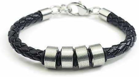 Men's or Ladies - Black Leather and Stainless Steel Bracelet - Length 7,87".