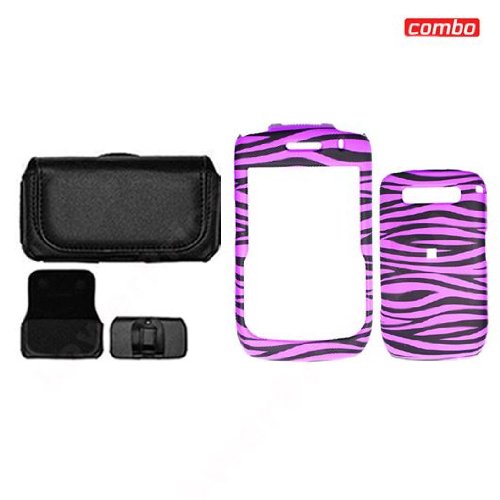 Blackberry Curve 8900 Javelin Combo Black/Purple Zebra Design Protective Case Faceplate Cover + Black Horizontal Leather Pouch for Blackberry Curve 8900 Javelin