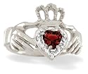 14K White Gold Genuine Heart Garnet and Diamond Celtic Claddagh Ring - Size 6