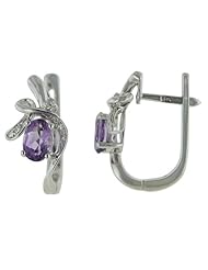 14K White Gold 0.91ct February Love Diamond & Oval Amethyst Huggie Post Earrings