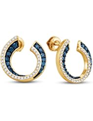 10K Yellow and White Two 2 Tone Gold Round Brilliant Cut Blue and White Diamond - Horseshoe Shape Channel Set Studs Earrings with Secure Screw Back Closure - (3/4 cttw.)