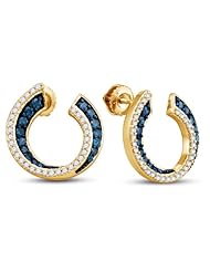 10K Yellow Gold Round Brilliant Cut Blue and White Diamond - Horseshoe Shape Channel Set Studs Earrings with Secure Screw Back Closure - (3/4 cttw.)