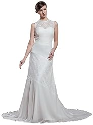 Sleeveless Silk Beaded Lace Evening Dress  with a Chapel Train 