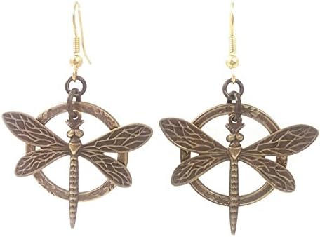 Stainless Steel and Brass Dangle Earrings Dragonfly and Circle