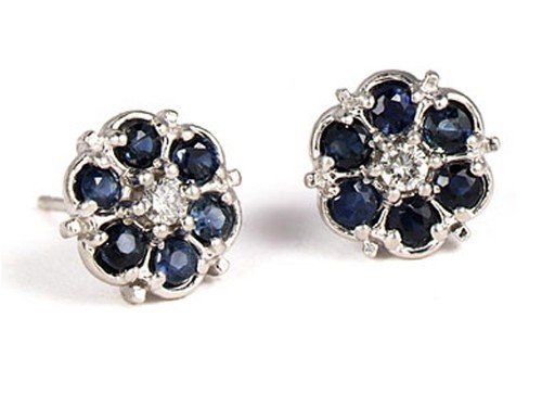 14K White Gold Flower Stud Earrings 7MM, Enhanced with Sapphire and Prong Set Diamonds