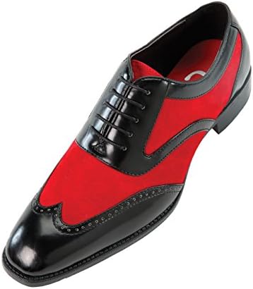 Sio Mens Two-Tone Red Suede and Black SmoothWingtip Oxford Dress Shoe: Style Brighton Red-005