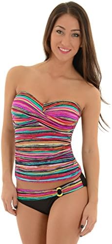 Junior's Convertible Bandeau Tankini 2 Piece Set with Black Bikini Bottoms Sizes: Medium