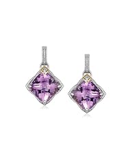 18K Yellow Gold and Sterling Silver Amethyst and Diamond Accented Drop Earrings