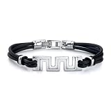 Elegant fashion: Stainless Steel cut-out Greek Key Style Triple Rubber Cord Link Bracelet for Men