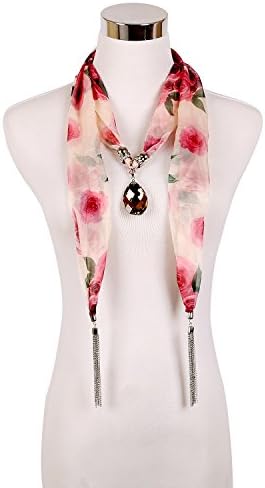 Seafire Fashion Elegant Charm Women's Infinity Chiffon Floral Jewelry Scarf Necklace with Crystal Tear Pendant Wraps Vibrant Colors (Light Red 0277-5)