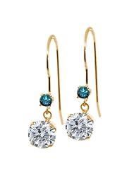 1.13 Ct Round G/H Diamond Blue Diamond 14K Yellow Gold Earrings