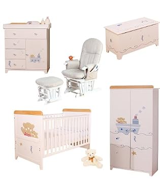 Sailor Roomset - Cot Bed, Wardrobe, Chest, Toy Box, Shelf, Mattress and Gliding Chair