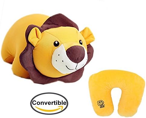 Convertible 2-in-1 Adorable Travel Companion &amp; U-Shaped Pillow, Zip and Flip, Perfect Travel Pillow for Any Age - Converts from Neck Pillow to Stuffed Animal (Lion)