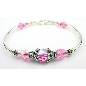 Pink Tourmaline October Birthstone Beaded Bangle Bracelets with Sterling... by Gemstone Gifts Handmade Jewelry