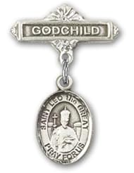 Sterling Silver Baby Badge with St. Leo the Great Charm and Godchild Badge Pin