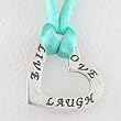 Heart Shaped LIVE, LOVE, LAUGH Affirmation Band in Sterling Silver on Turquoise Satin Necklace, 16" - 18" in Length, #8875