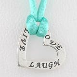 Heart Shaped LIVE, LOVE, LAUGH Affirmation Band in Sterling Silver on Turquoise Satin Necklace, 16 - 18 in Length, #8875