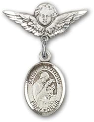 Sterling Silver Baby Badge with St. Aloysius Gonzaga Charm and Angel with Wings Badge Pin