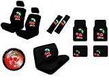 15 Piece Auto Interior Gift Set - Cherry - 2 Bottom Seat Covers, 2 Top Seat Covers, 2 Headrest Covers, 2 Seat Belt Shoulder Pads, 1 Steering Wheel Cover, 1 Bottom Bench Seat Cover, 1 Top Bench Seat Cover, 2 Front Floor Mats, 2 Rear Floor Mats